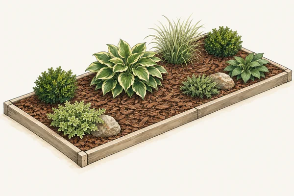 A garden bed with bark mulch and plants